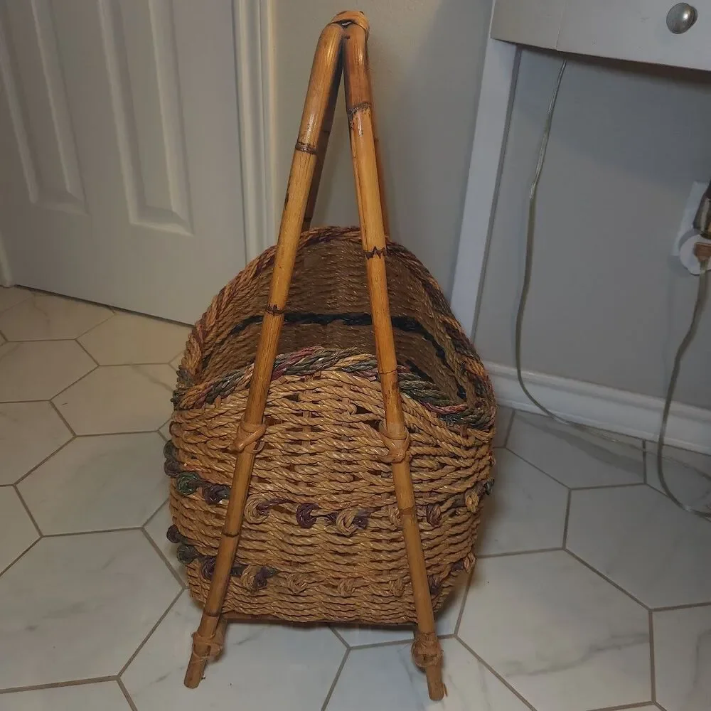 Vtg Wicker Harvest Gathering Basket With Bamboo Handle and Legs 25